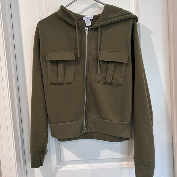 Olive Green Zip-Up Cropped Hoodie Jacket - Picture 1 of 3